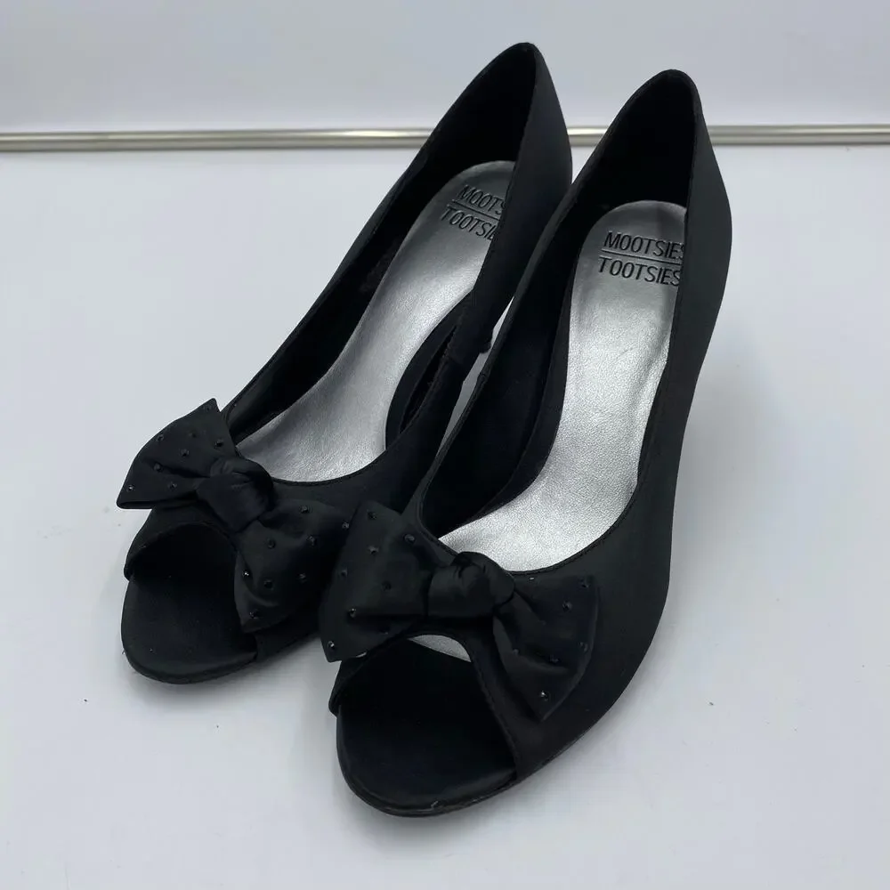 Mootsie + Tootsie Women's Black Satin Rhinestone Bow Peep Toes Heels Size 9